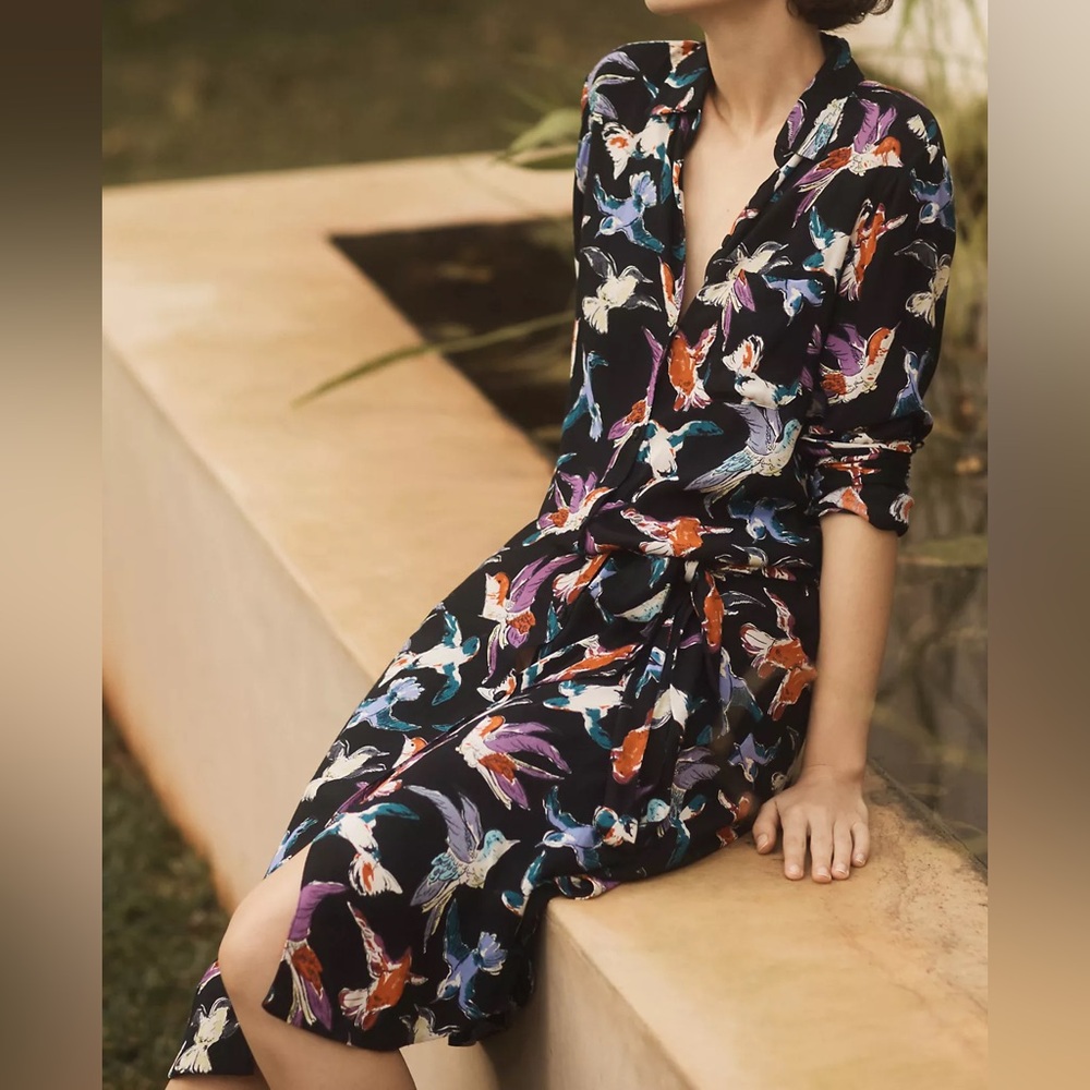 Maeve Black Long-Sleeve Floral-Print Midi Dress